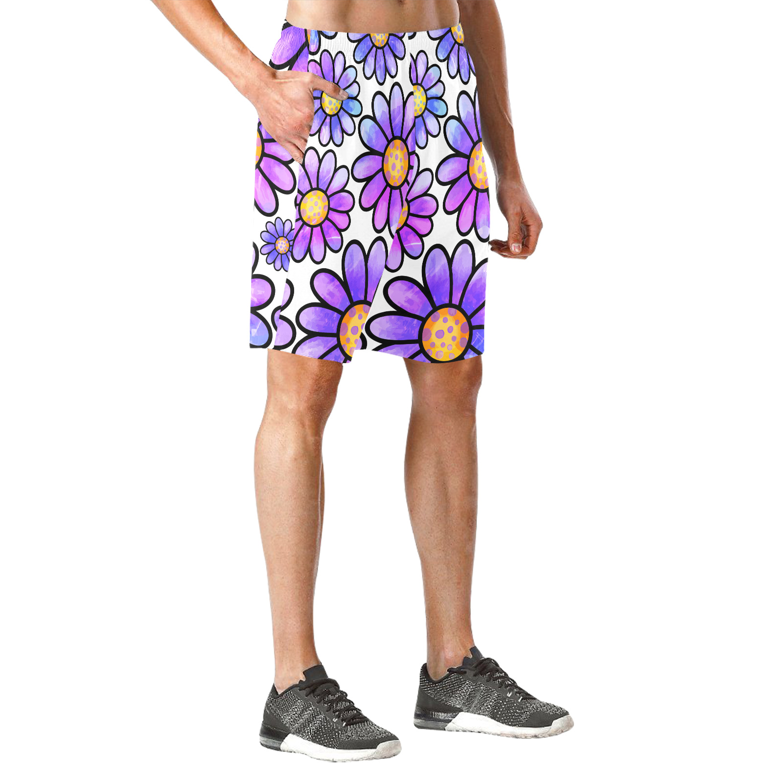 Lilac Watercolor Doodle Daisy Flower Pattern Men's All Over Print Elastic Beach Shorts (Model L20)