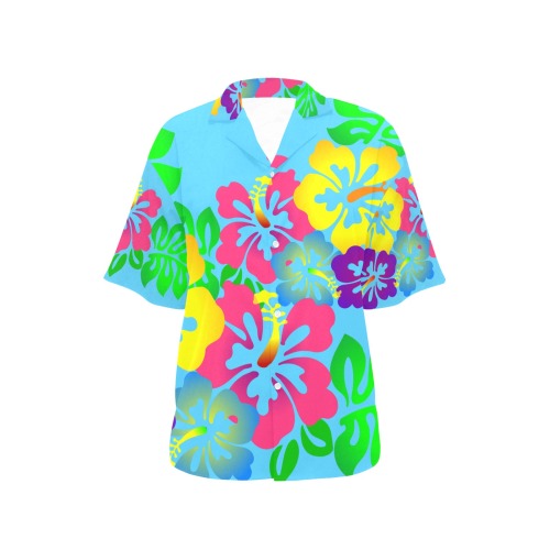 Hibiscus Hawaiian Flowers on Blue All Over Print Hawaiian Shirt for Women (Model T58)
