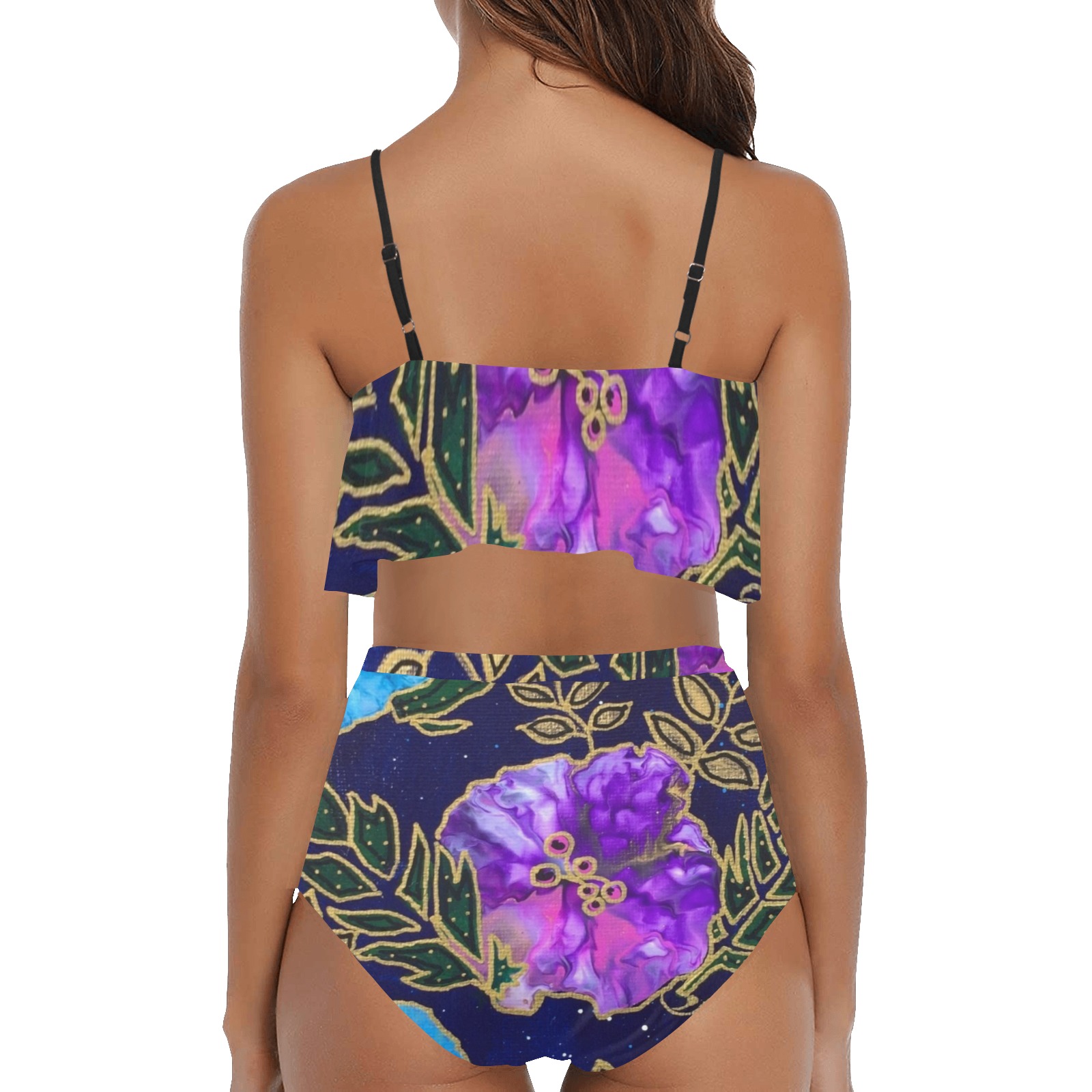 Dark Blue Floral High Waisted Ruffle Bikini Set (Model S13)
