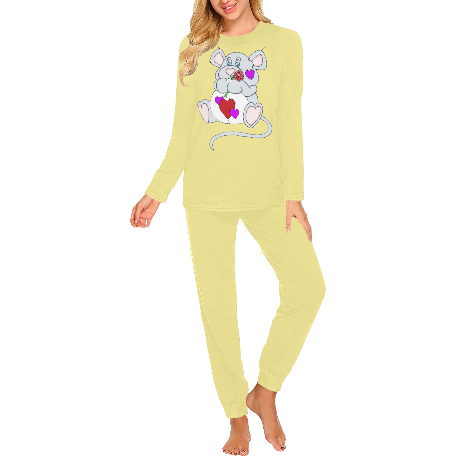 Valentine Mouse Soft Yellow Women's All Over Print Pajama Set