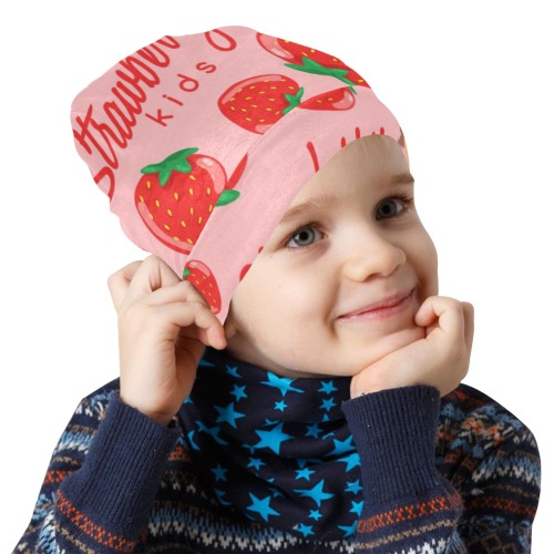 girl wearing strawberry All Over Print Beanie for Kids