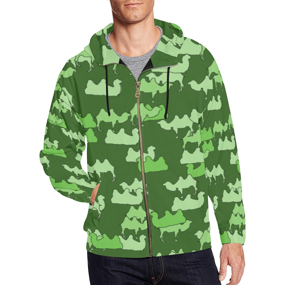 camouflaged Camels green All Over Print Full Zip Hoodie for Men (Model H14)