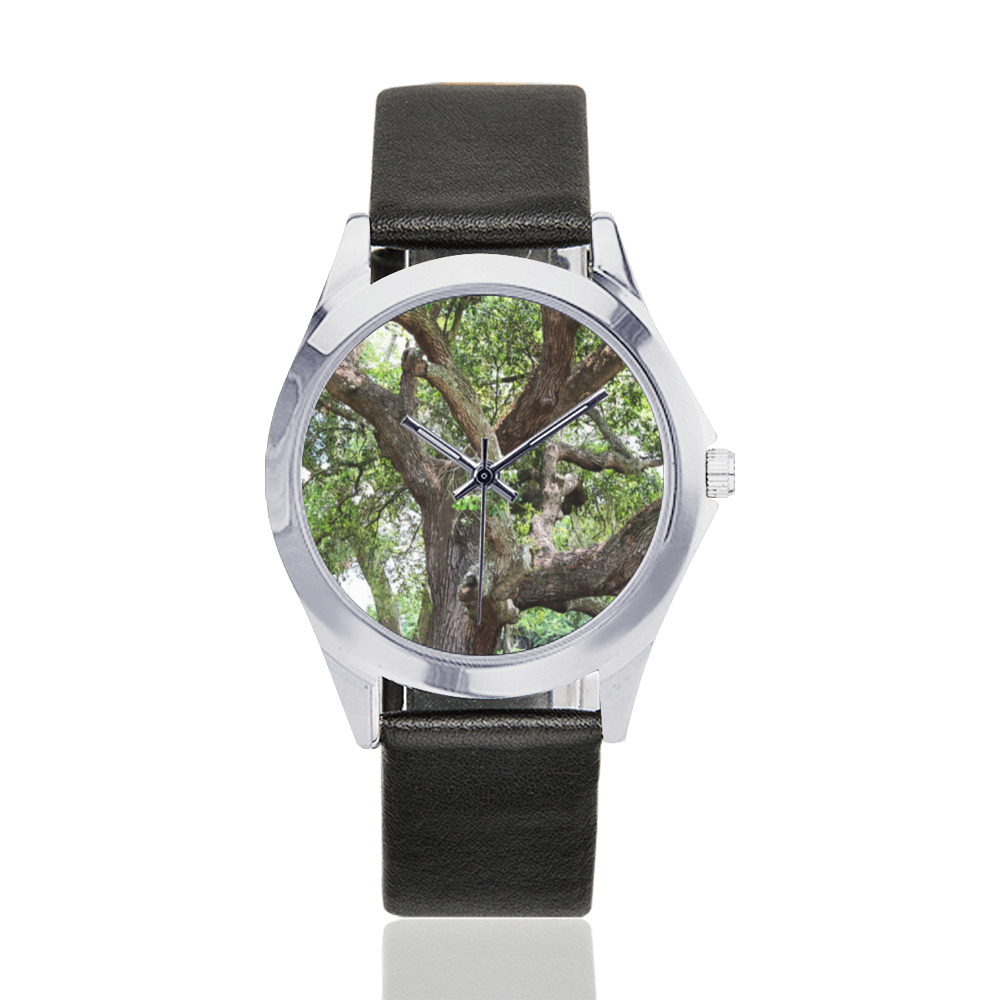 Oak Tree In The Park 7659 Stinson Park Jacksonville Florida Unisex Silver-Tone Round Leather Watch (Model 216)