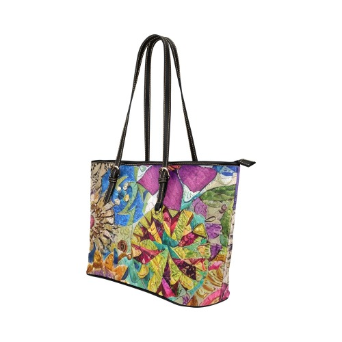 Boho Aesthetic Simulated Quilt Artwork Leather Tote Bag/Large (Model 1651)