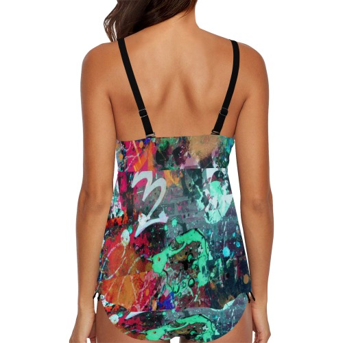 Graffiti and Paint Splatter Chest Drawstring Swim Dress (Model S30)