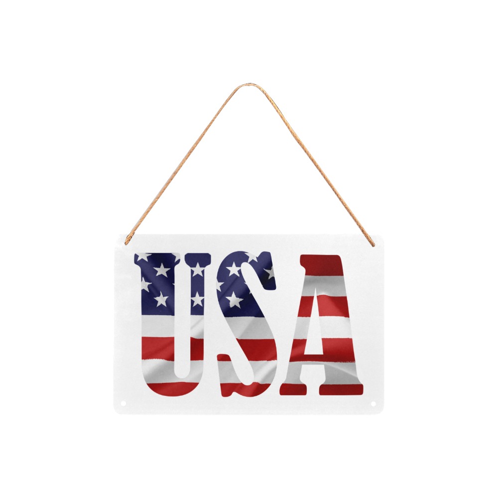 USA text decorated with the American flag art. Metal Tin Sign 12"x8"