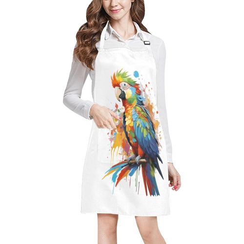 Colorful parrot bird and splashes of paint art. All Over Print Apron