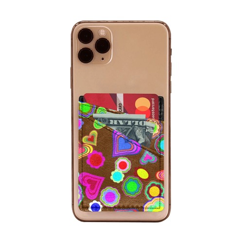 Groovy Hearts Flowers Pattern Brown Cell Phone Card Holder