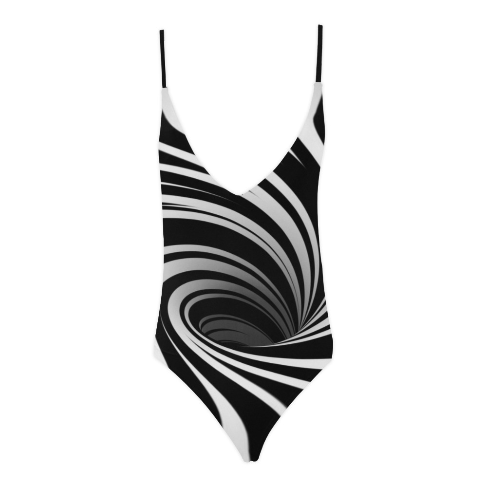 Op Art Optical Illusion Abstract Flower (Black|White) Sexy Lacing Backless One-Piece Swimsuit (Model S10)