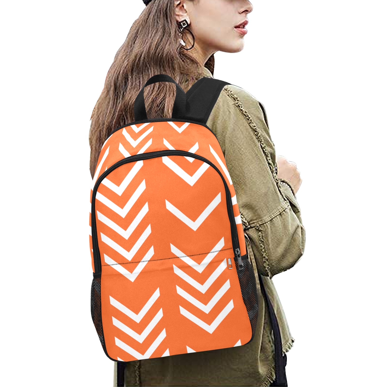white_arrows_orange_background_seamless_pattern Fabric Backpack with Side Mesh Pockets (Model 1659)