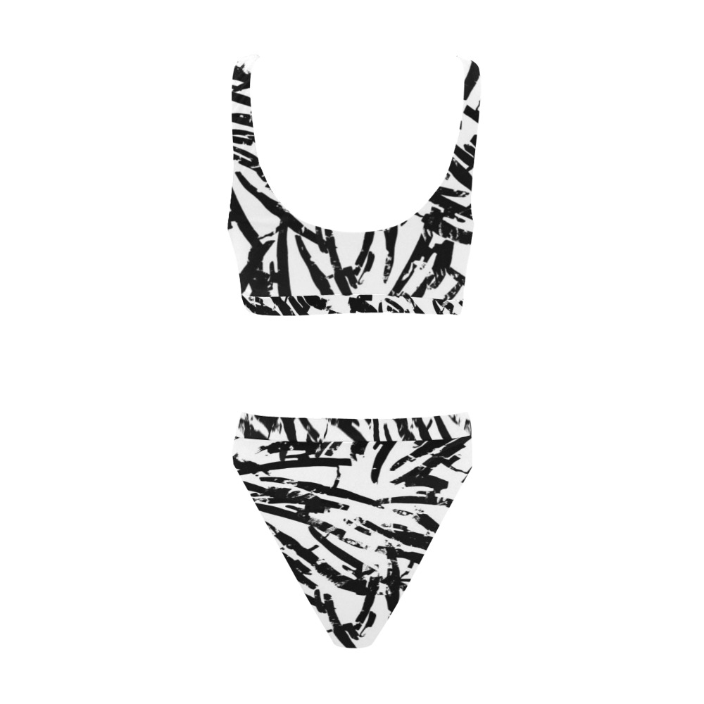 Brush Stroke Black and White Sport Top & High-Waisted Bikini Swimsuit (Model S07)