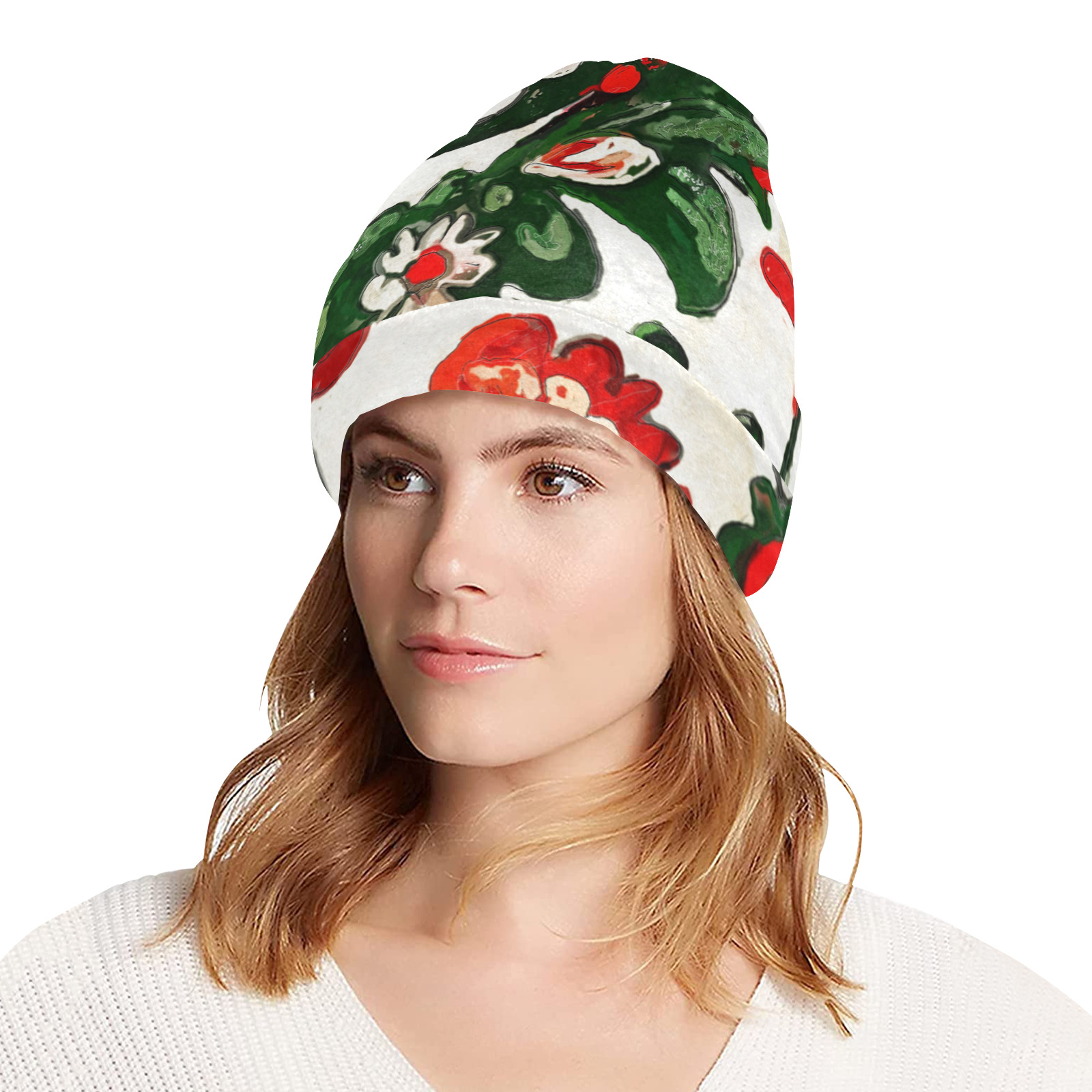 folklore motifs red flowers beanie All Over Print Beanie for Adults