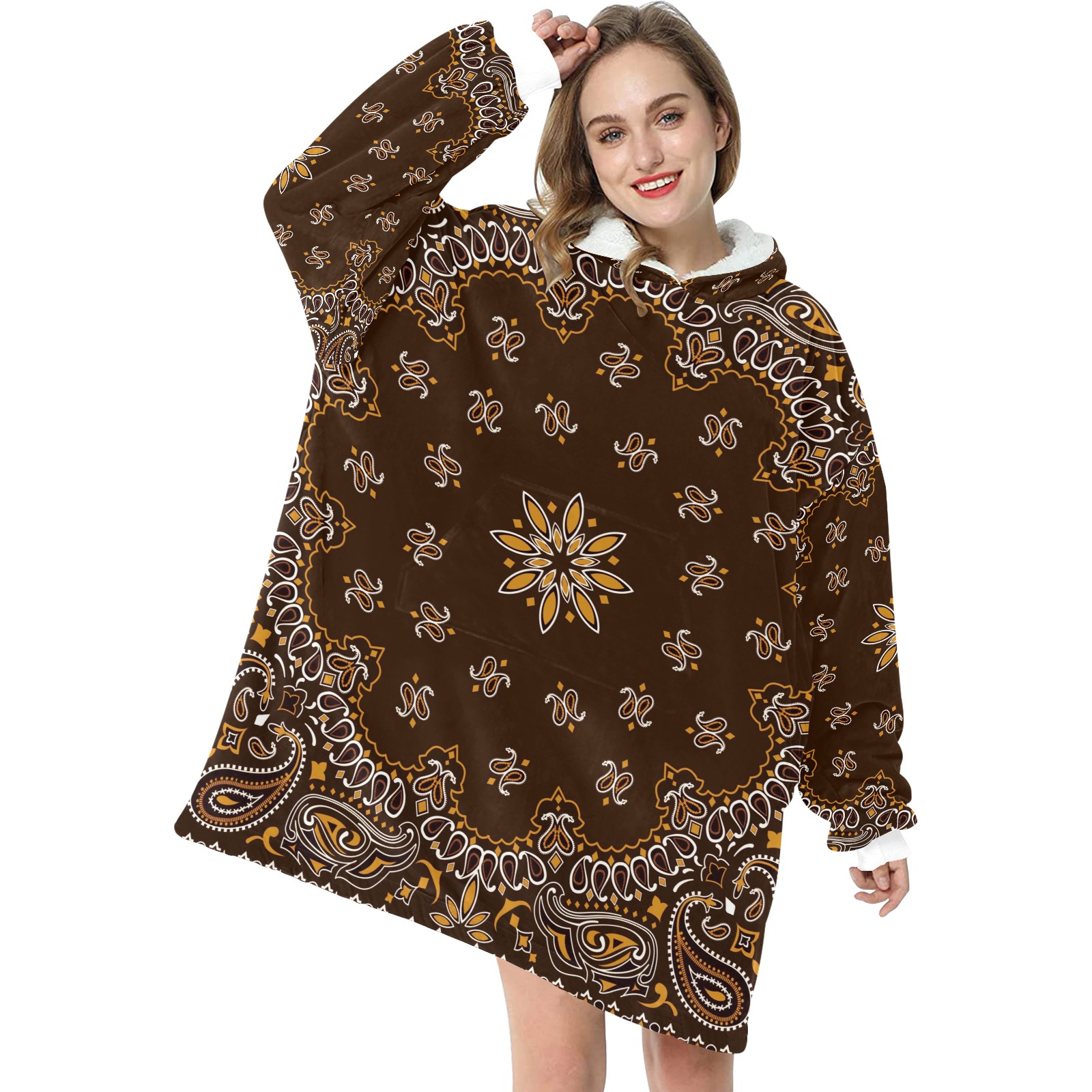 Brown Bandanna Pattern  / White Cuff Blanket Hoodie for Women