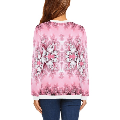 Pink Rose Garden Frost Fractal All Over Print Crewneck Sweatshirt for Women (Model H18)