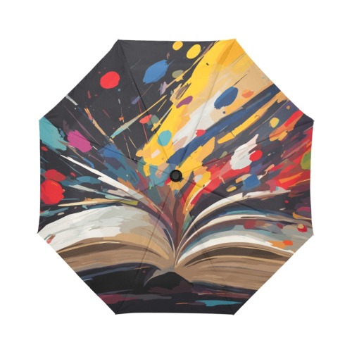 An open book and colorful paint strokes on black Auto-Foldable Umbrella (Model U04)