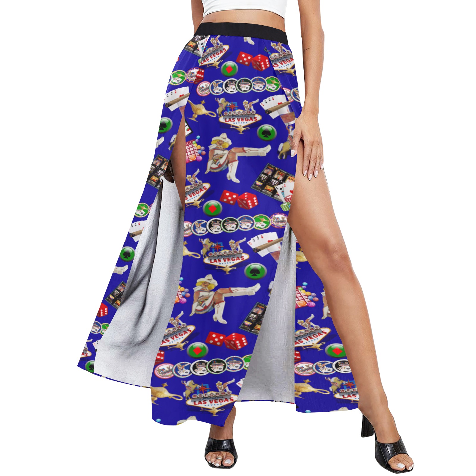 Las Vegas Gamblers Delight - Blue High Slit Long Beach Dress (Model S40)