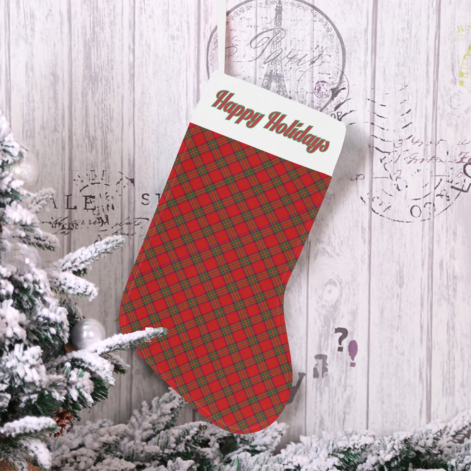 Red Tartan Plaid Pattern Christmas Stocking (Custom Text on The Top)
