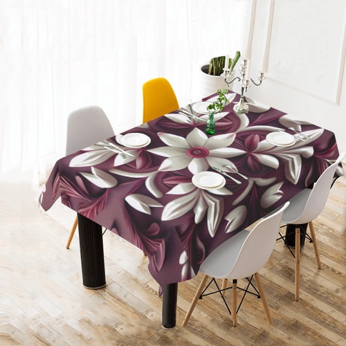 burgundy and white floral pattern Cotton Linen Tablecloth 60"x 84"