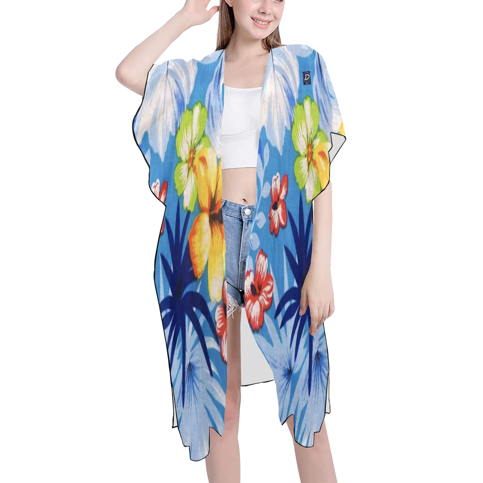 Dionio Clothing - Women's Mid Length Slits Chiffon Cover-Up (BlueFlowers) Mid-Length Side Slits Chiffon Cover Ups (Model H50)