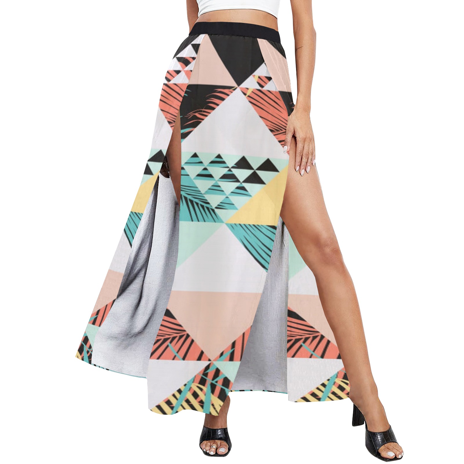 Geometric Floral High Slit Long Beach Dress (Model S40)
