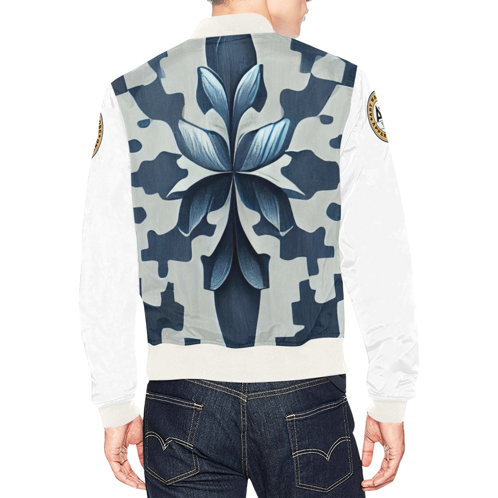 dark blue and white pattern, white sleeve All Over Print Bomber Jacket for Men (Model H19)