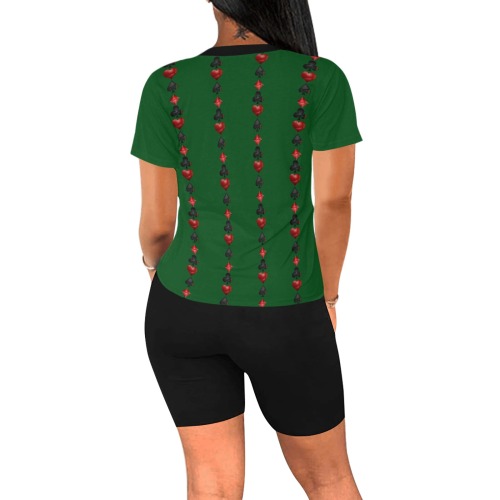 Black and Red Casino Card Shapes on Green Women's Short Yoga Set