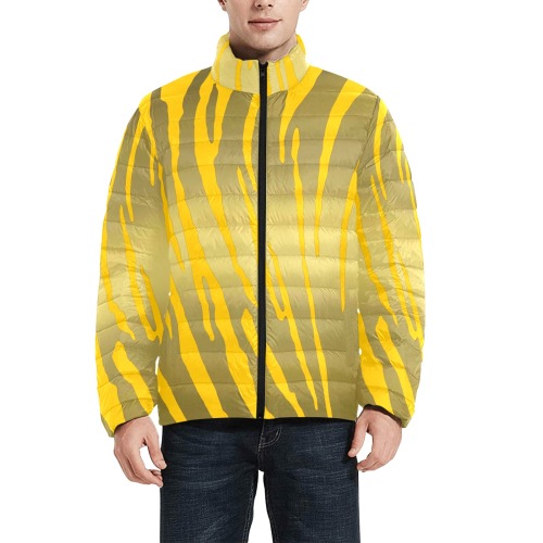 Gold Tiger Stripes Yellow Men's Stand Collar Padded Jacket (Model H41)