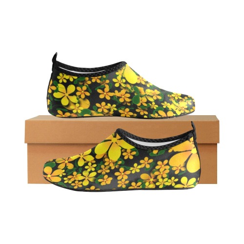 Orange & Yellow Flowers on Black Women's Slip-On Water Shoes (Model 056)