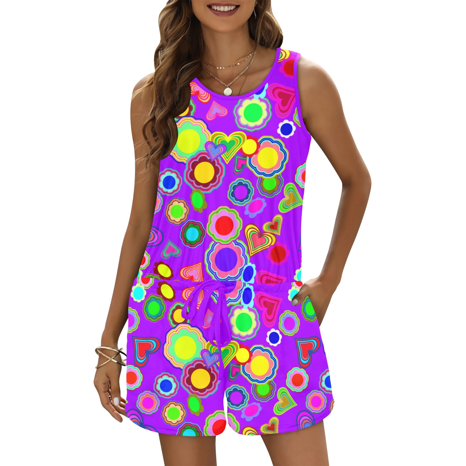 Groovy Hearts and Flowers Purple All Over Print Vest Short Jumpsuit