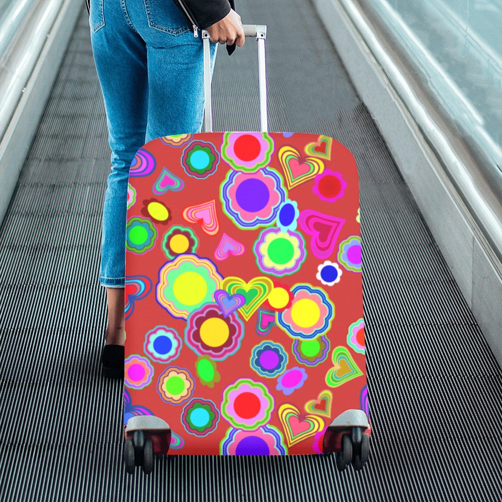 Groovy Hearts and Flowers Red Luggage Cover/Large 26"-28"