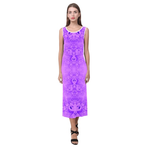 Purple Lilacs Frost Fractal Phaedra Sleeveless Open Fork Long Dress (Model D08)