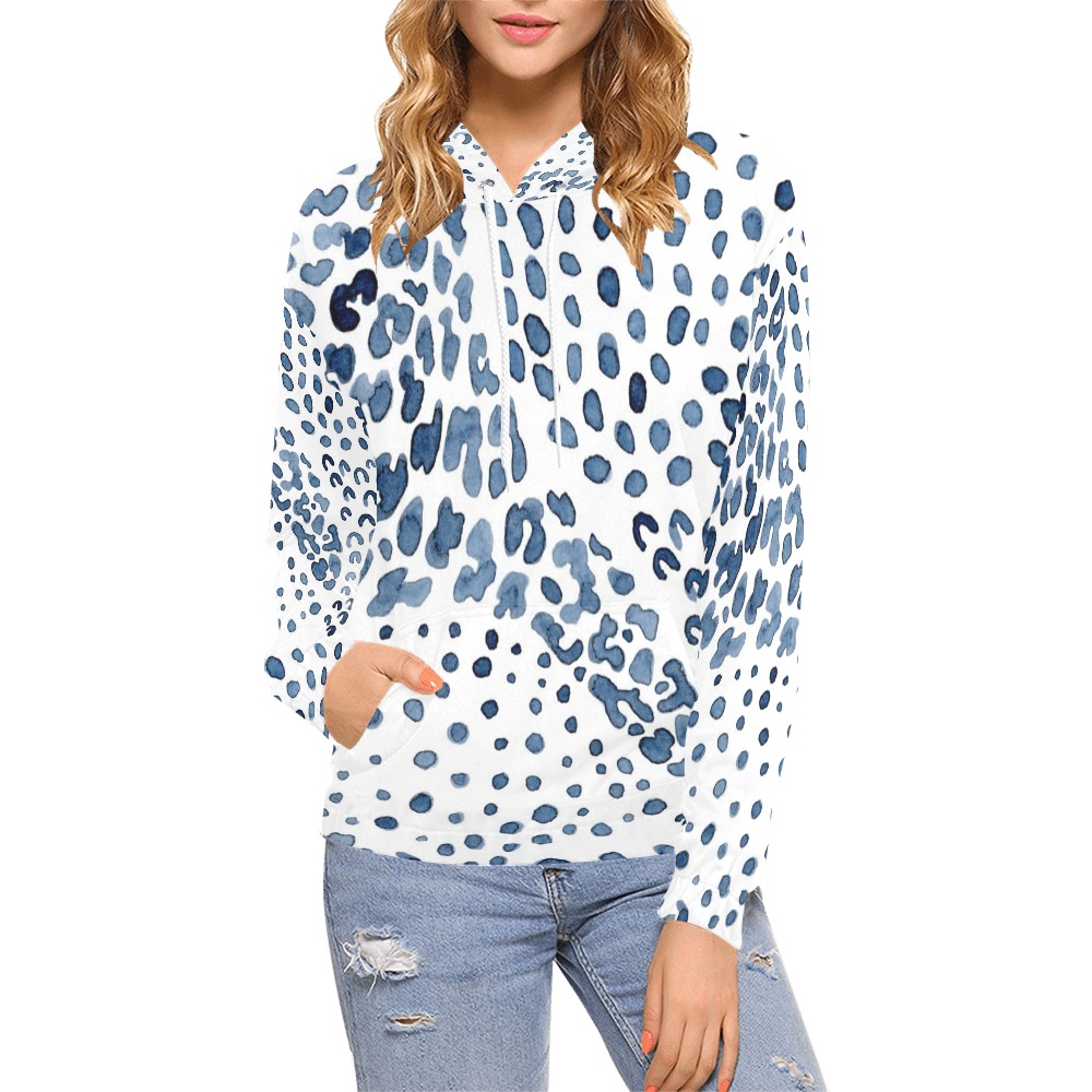 Indigo Pattern on White All Over Print Hoodie for Women (USA Size) (Model H13)