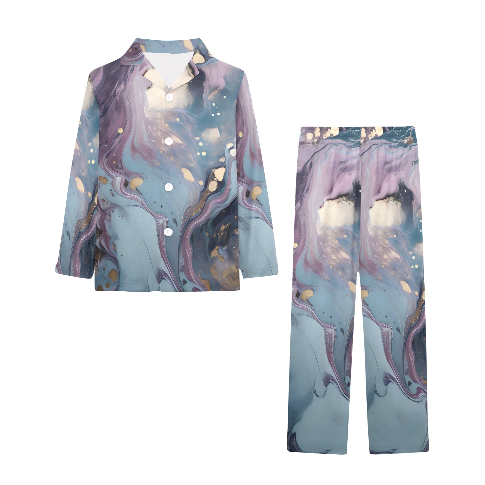 Aqua and Gold Marble 8 Little Girls' V-Neck Long Pajama Set