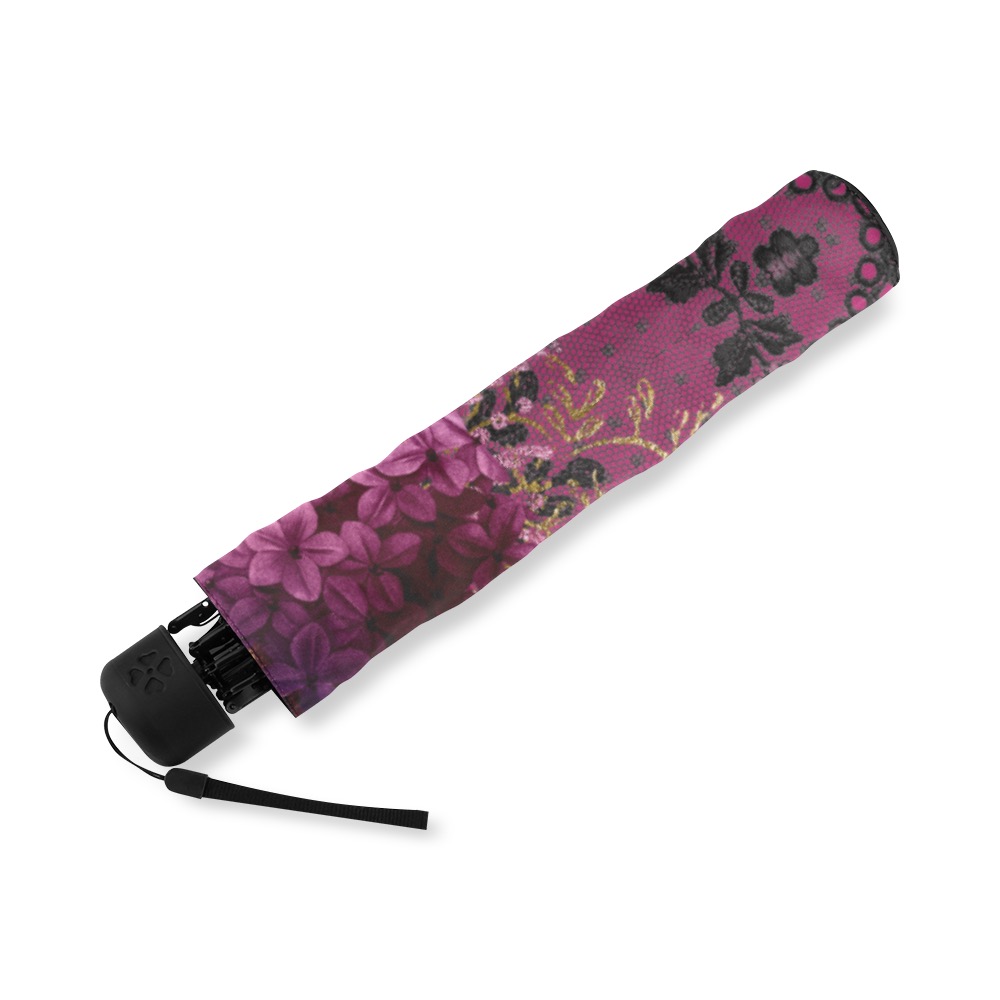 Gothic Romance Rose and Lilac on Black Lace Foldable Umbrella (Model U01)