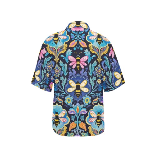 Buzzing Bumblebee Garden Floral Pattern All Over Print Hawaiian Shirt for Women (Model T58)