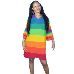 Horizontal Rainbow Half Sleeves V-Neck Mini Dress (Model D63)