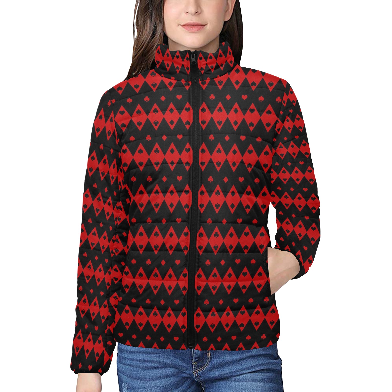 Black Red Playing Card Shapes Women's Stand Collar Padded Jacket (Model H41)