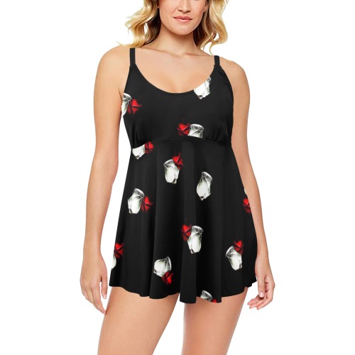 White and Red Roses Chest Pleat Swim Dress (Model S31)