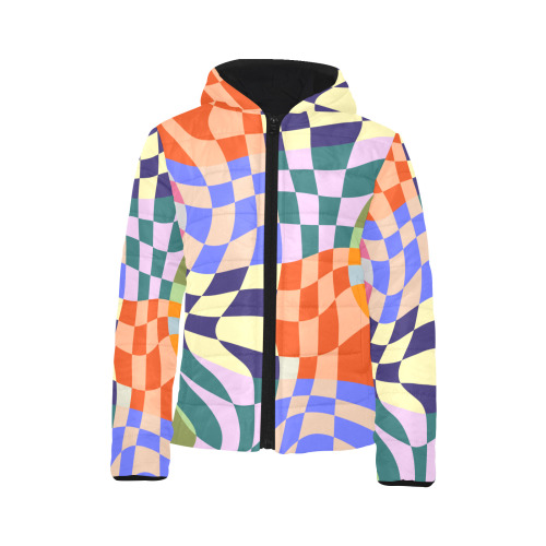 Wavy Groovy Geometric Checkered Retro Abstract Mosaic Pixels Kids' Padded Hooded Jacket (Model H45)