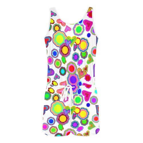 Groovy Hearts and Flowers White All Over Print Vest Short Jumpsuit