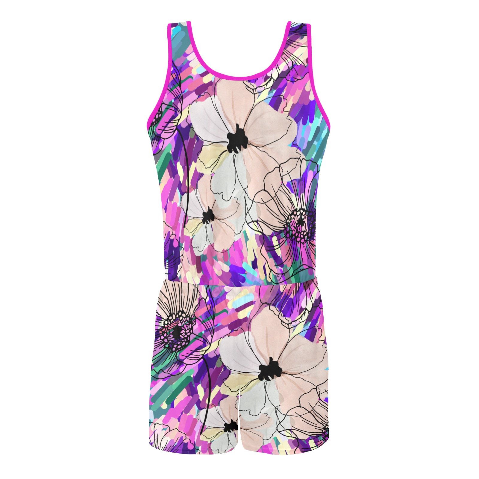 Lilac and White Poppies All Over Print Vest Short Jumpsuit