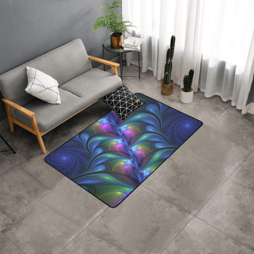Colorful Luminous Abstract Blue Pink Green Fractal Area Rug with Black Binding 5'x3'3''