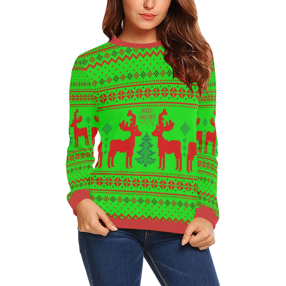 Merry Christmas Red Reindeer Ugly Sweater All Over Print Crewneck Sweatshirt for Women (Model H18)
