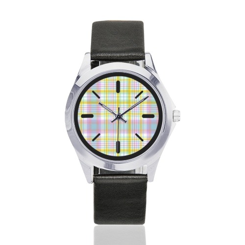 Pastel Plaid Unisex Silver-Tone Round Leather Watch (Model 216)