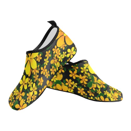 Orange & Yellow Flowers on Black Kids' Slip-On Water Shoes (Model 056)