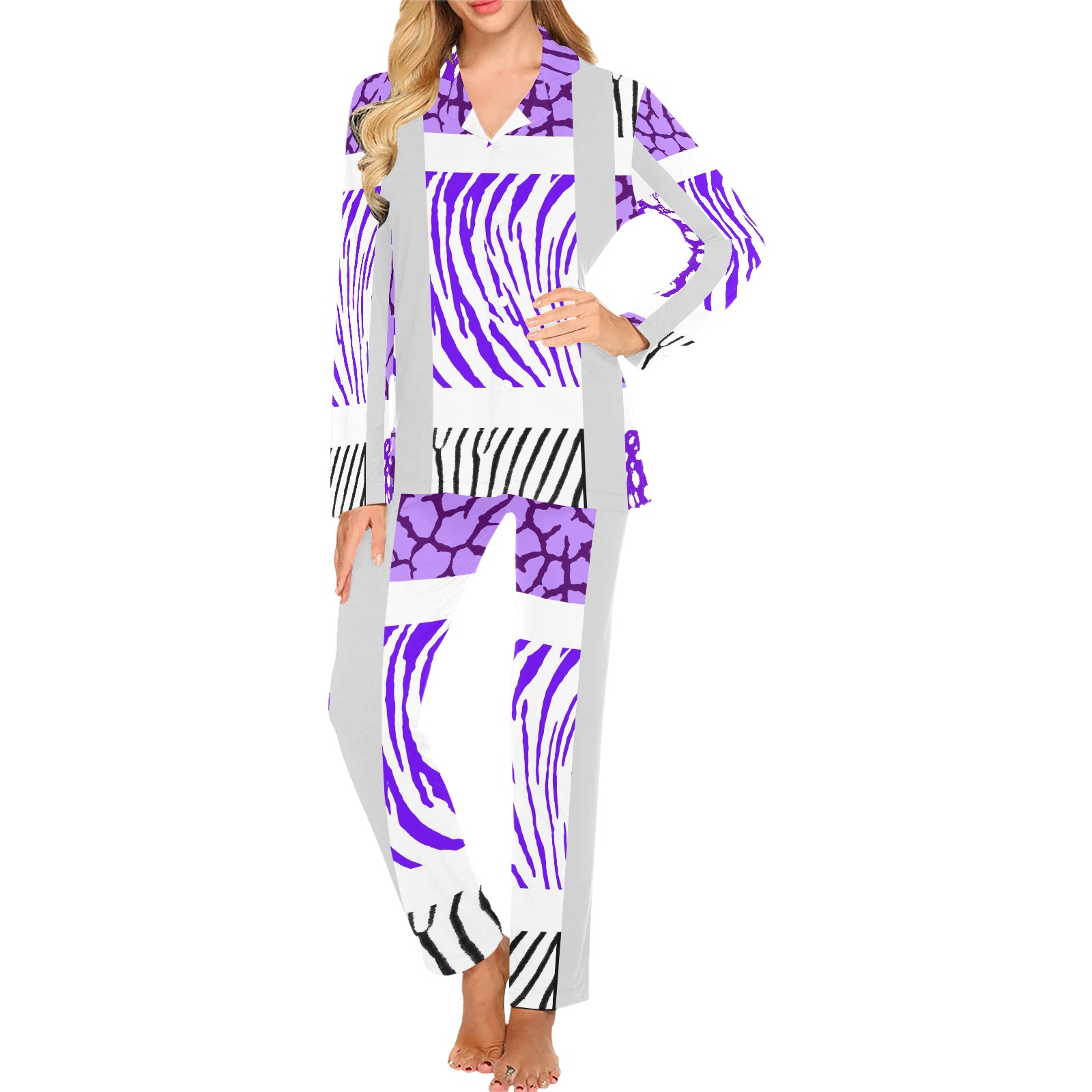 White and Purple Mixed Animal Print Women's Long Pajama Set