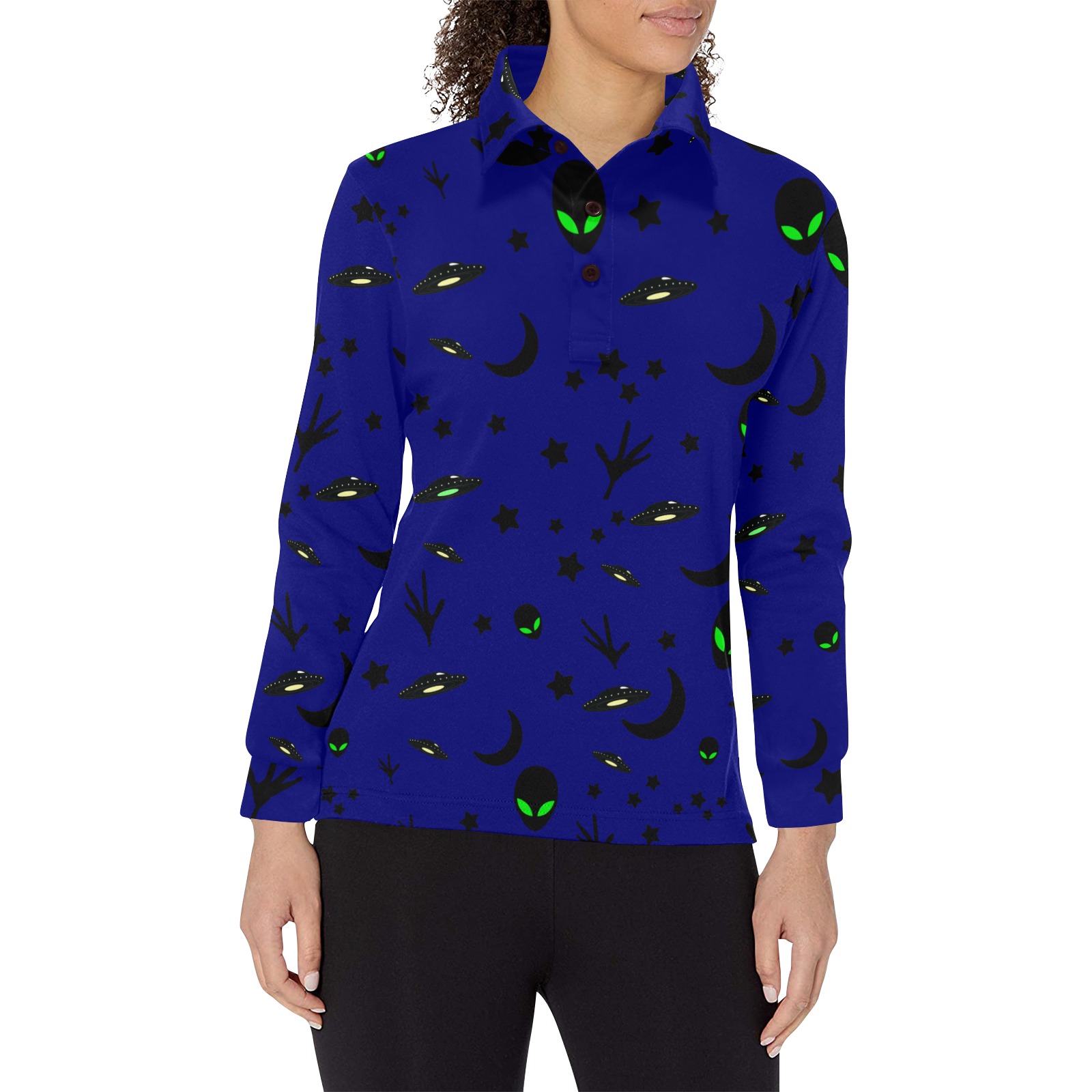Aliens and Spaceships on Blue Women's Long Sleeve Polo Shirt (Model T73)