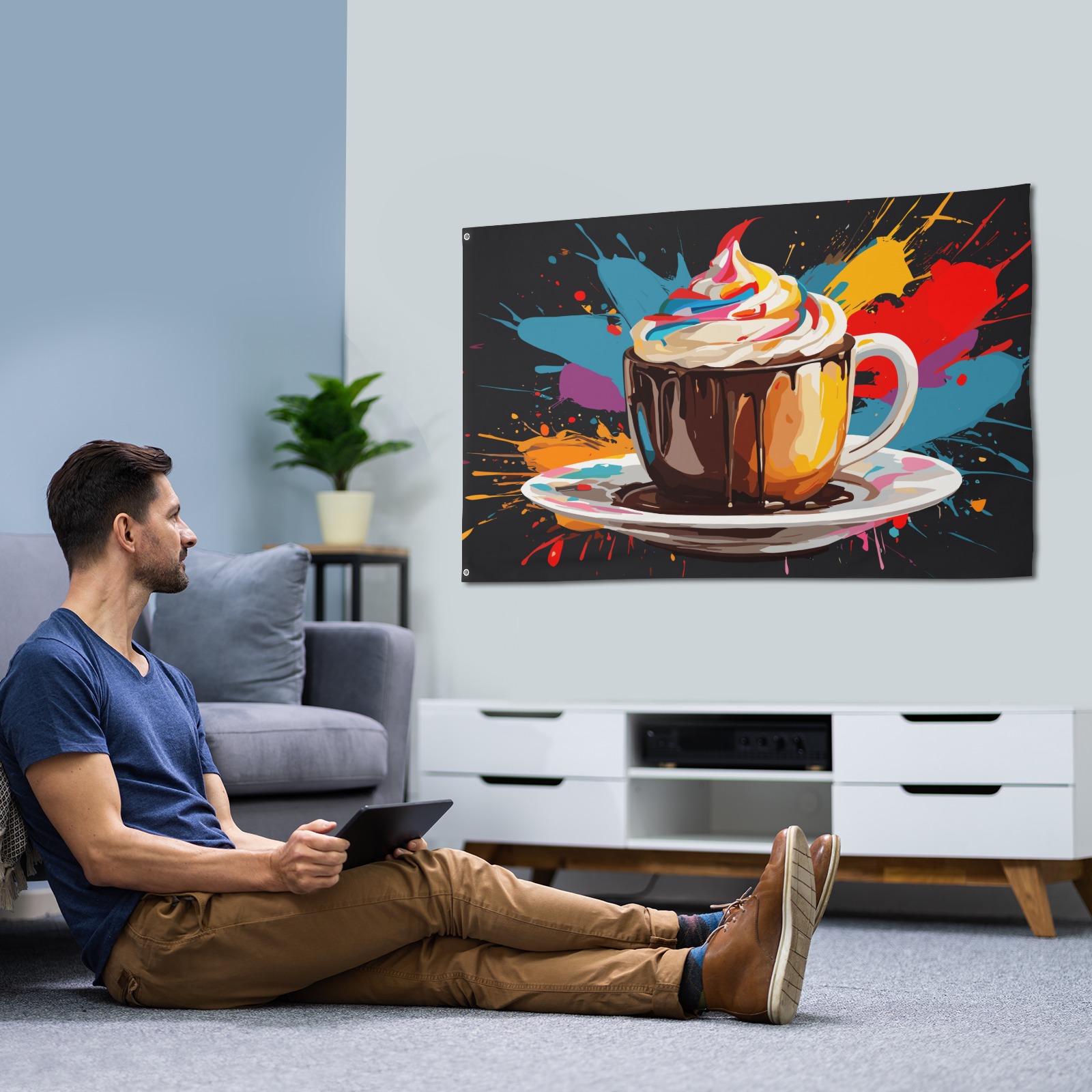 Hot chocolate and colorful cream in a cup art House Flag 56"x34.5"