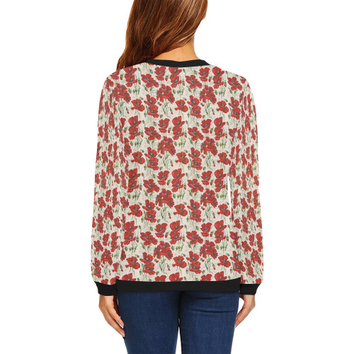 Red Poppy Flowers Vintage Floral Pattern All Over Print Crewneck Sweatshirt for Women (Model H18)