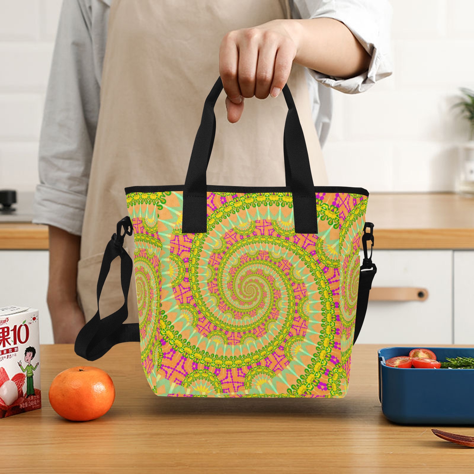 FLOWER POWER SPIRAL SUNNY orange green yellow Insulated Tote Bag with Shoulder Strap (Model 1724)